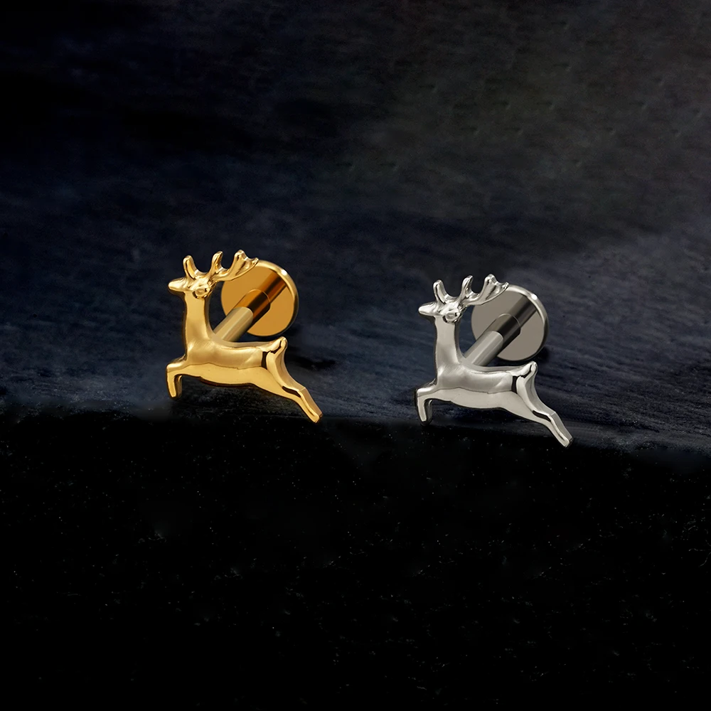 Right Grand ASTM F136 Titanium Christmas Flat Back Earring 16G Tiny Deer Helix Stud Cartilage Tragus Labret Stud Animal Piercing Jewelry