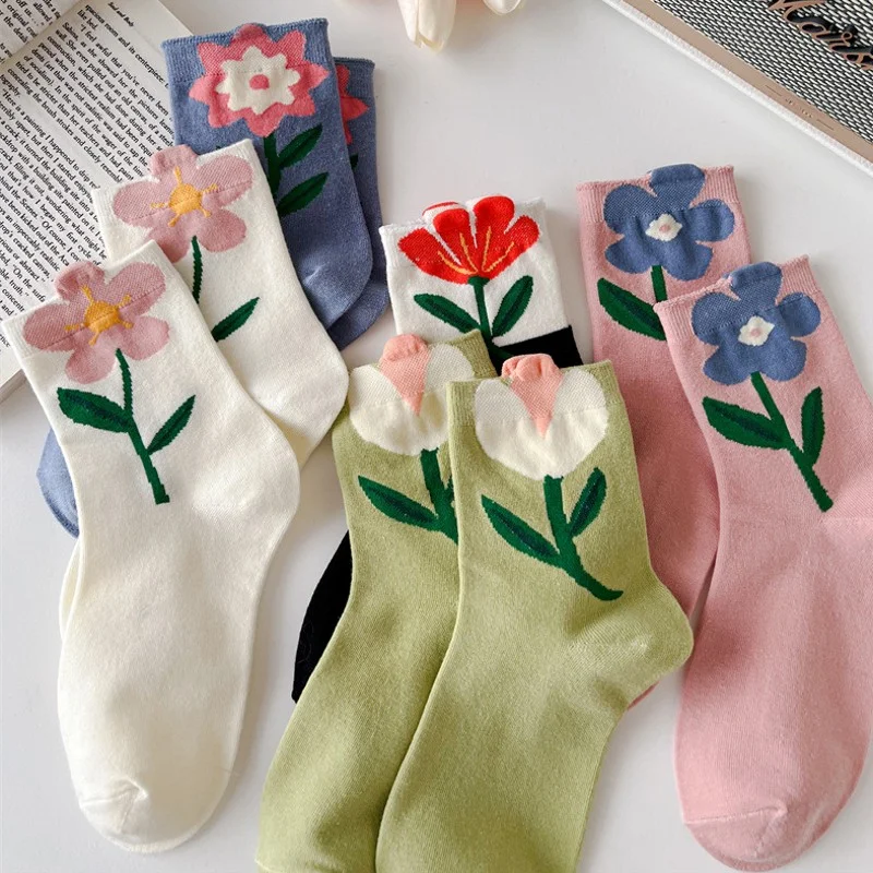 1 Pair Women Socks Korean Cartoon Tulip Flower Plant Kawaii Funny Casual Female Cotton Sock Hosiery Streetwear Harajuku Crew Sox