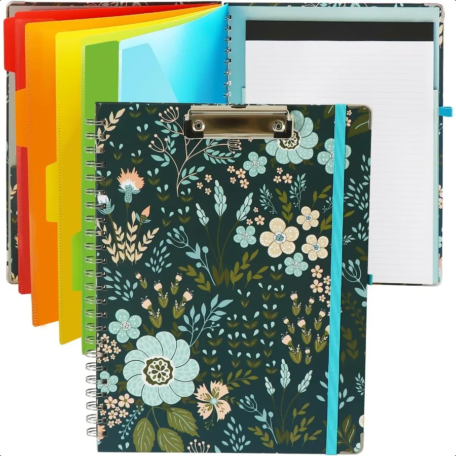 

Clipboard Folio Spiral Folder Board5 Extra Folders with 10 Storage Pockets Refillable Lined Fillable Notepad Folded Clipboard w