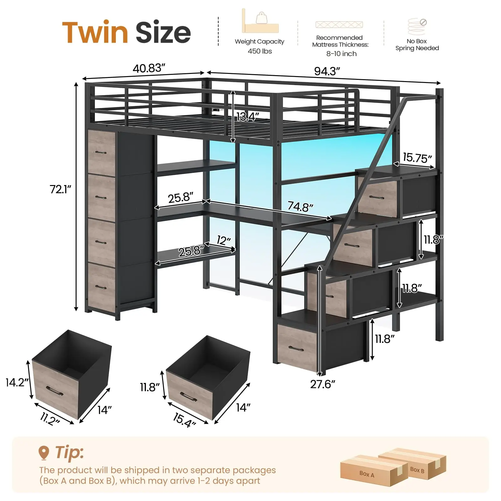 Loft Bed Twin Size with Storage Stairs,Desk & Power Strips,Metal Twin Loft Bed with LED Lights,8 Storage Drawers & Open