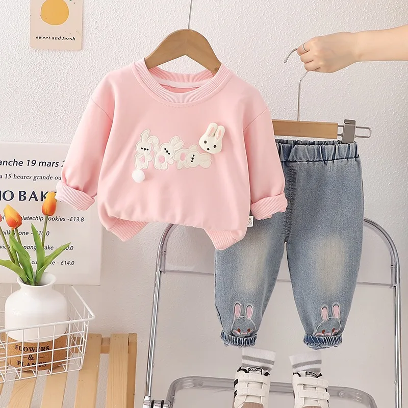 Spring Autumn Baby Girls Clothing Sets Children Long-sleeve T-shirt Jeans 2 Pieces Suit Cartoon Rabbit Infant Casual Sportswear