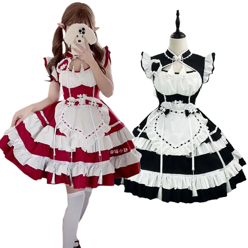 

New Chinese Cheongsam Lolita Maid Costume Halloween Role-playing Hollow Dress Short-sleeved Trendy Maid Holiday Party Costume
