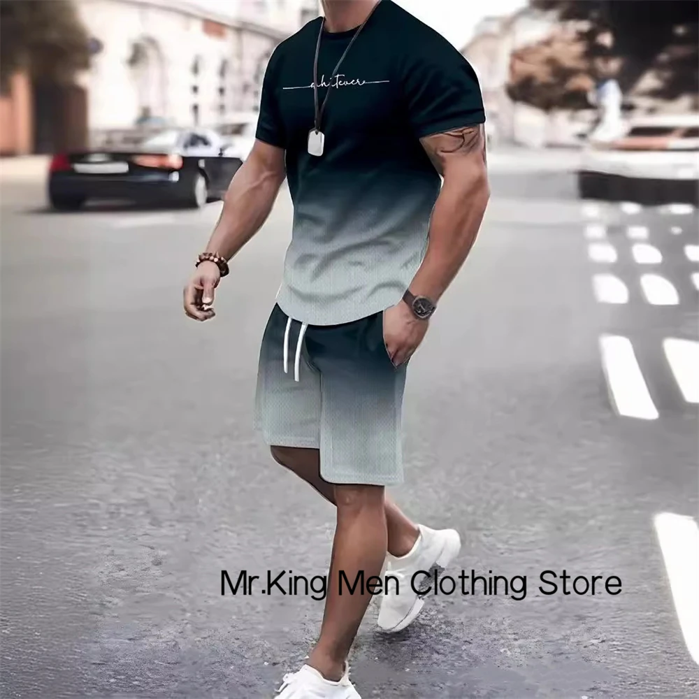 

Summer Men's 3D Simple Letter Print T-shirt Shorts Two-piece Set Outdoor Sportswear Set Breathable Comfortable Men's T-shirt Set