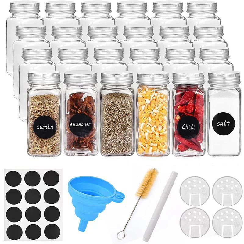 

12Pcs Glass Spice Jars with Labels 4oz Empty Square Spice Bottles Containers,Condiment Pot with Lids,Airtight Metal Caps,Funnel