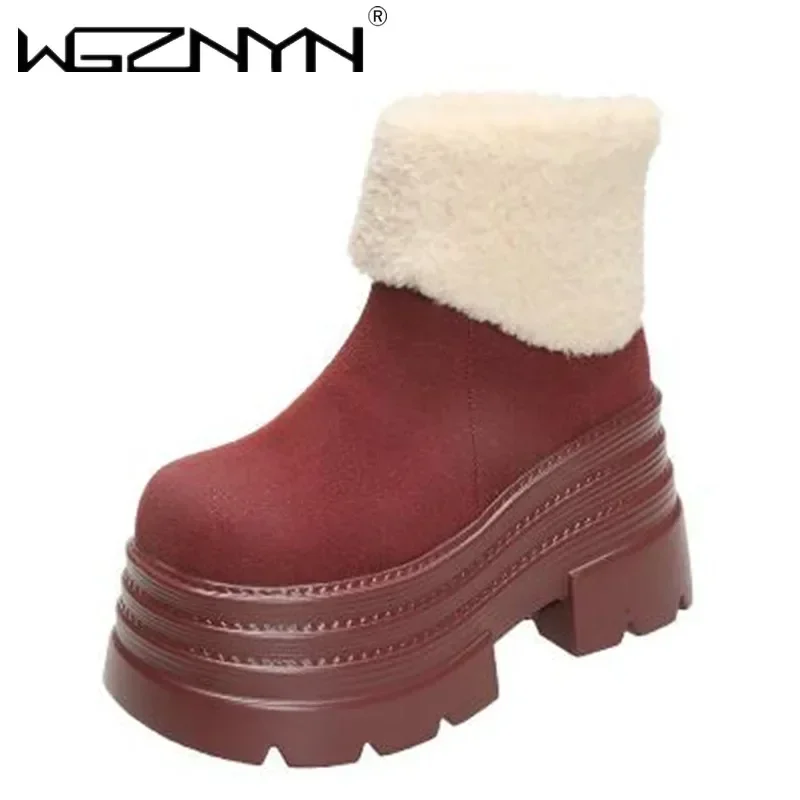 Botas de nieve cálidas de marca para Mujer, zapatos tobilleros de felpa para exteriores, zapatillas de deporte de cuero grueso antideslizantes, Botas cortas de piel para Mujer de 10CM