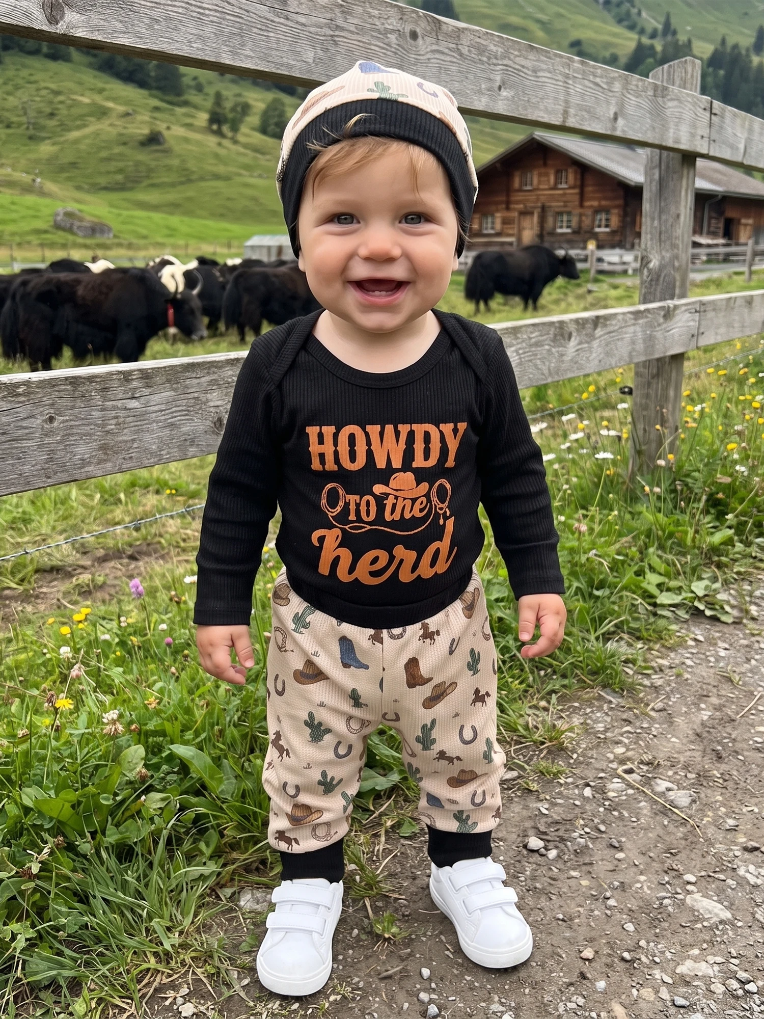 Hat Print Romper Cowgirl Cowgirl Hat Fall Outfits Waffle Print Romper Pants Hat Print Baby-Boy-Fall Baby-Boy