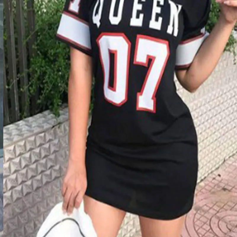 Fashion V-Neck Queen Letters Print Dress Short Sleeve Basketball Sporty Style Sexy Loose Female Clothing Streetwear Loungewear