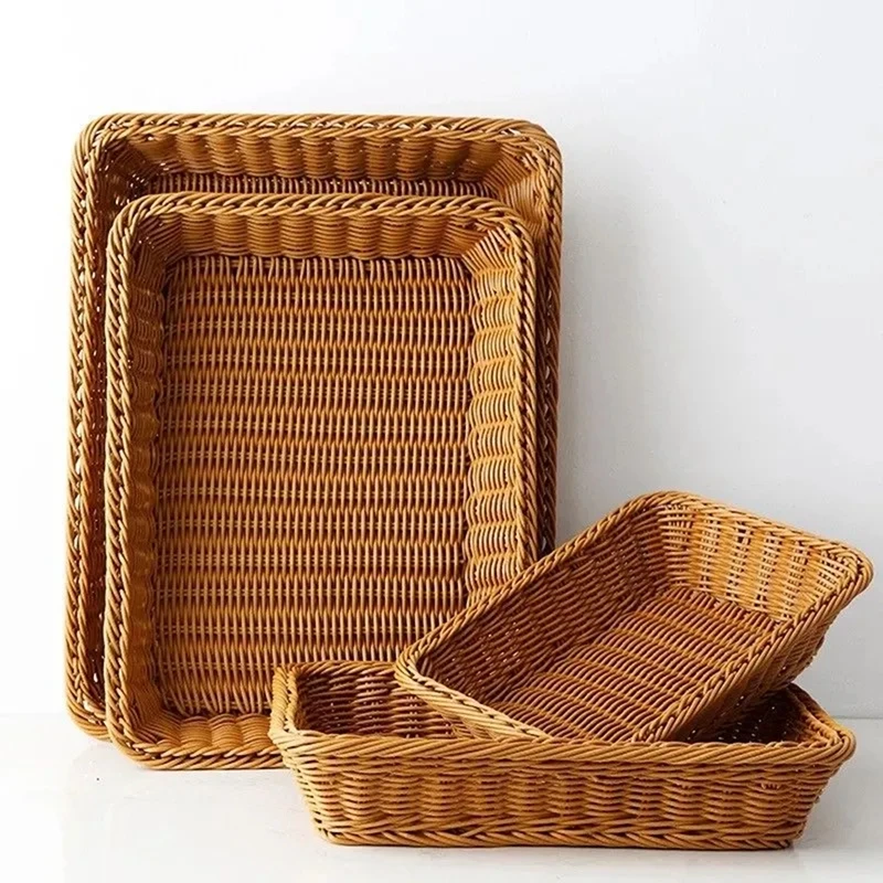 Handmade Rattan Woven Storage Trays Fruit Vegetables Bread Wicker Baskets Restaurant Serving Tabletop Display Storage Baskets