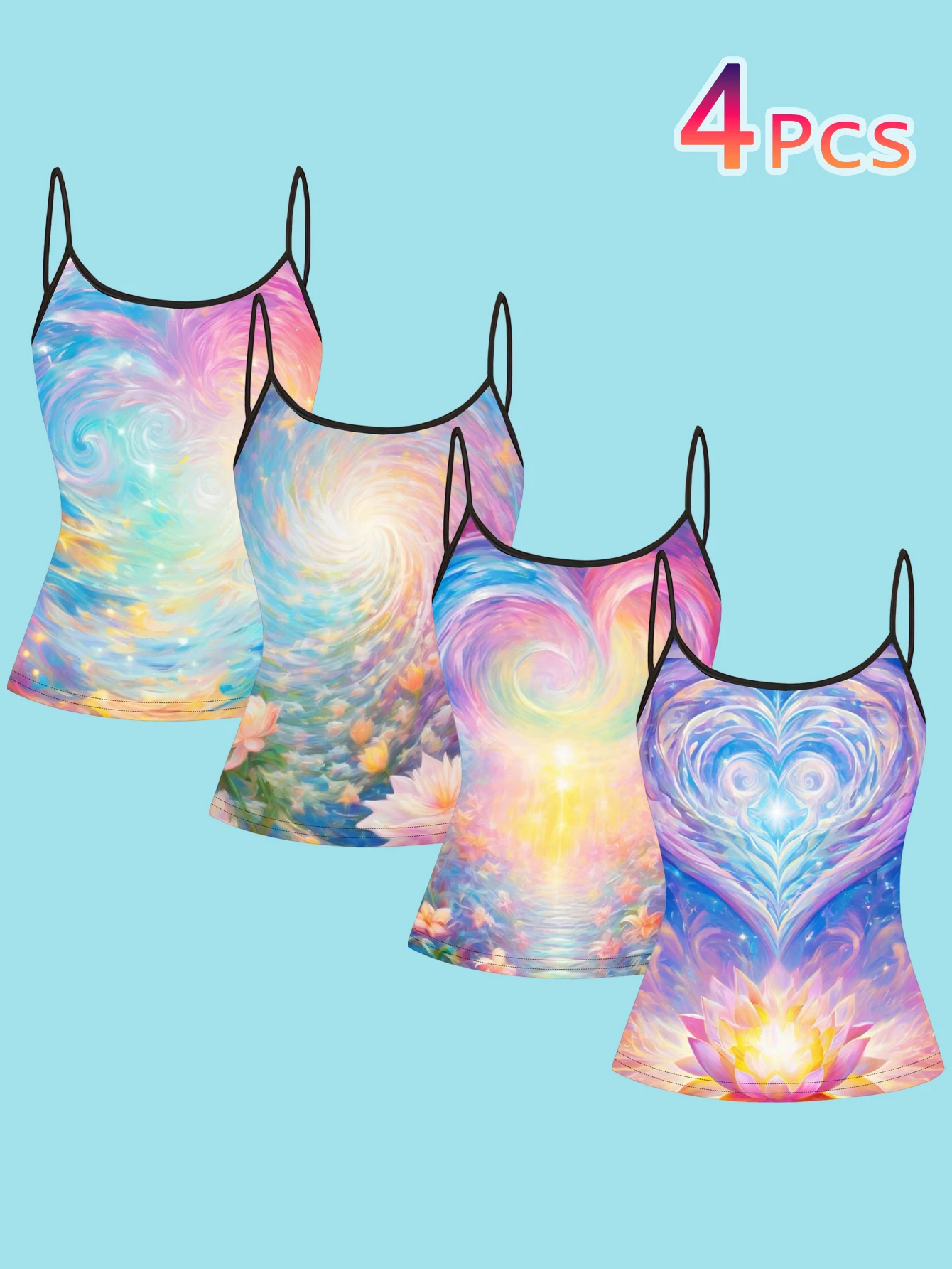 4-Piece Set of Women's Healing Pastel Nebula Print Camisoles, Dreamy Spiral Lotus Heart Light Effect Slim-Fit Spaghetti Strap Inner Tops