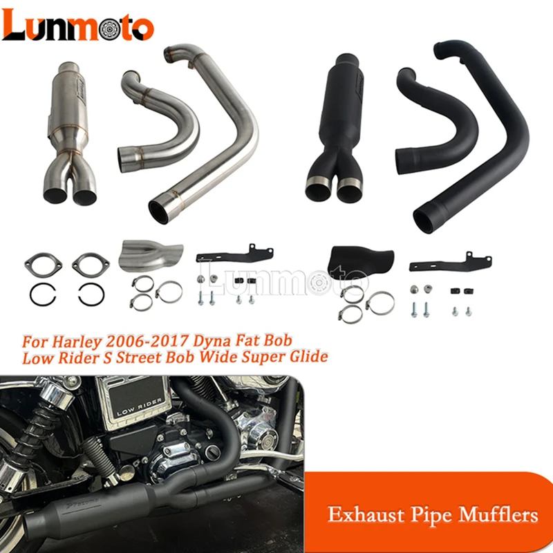 2-Into-1 Full Exhaust Pipe Muffler 304 Steel Big Bore Stepped 1 3/4" to 2" For Harley Dyna 2006-17 FatBob StreetBob Low Rider S