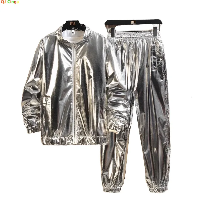 2026 New Shiny Gold Men's Stage Performance Suit Set, with Loose Long Sleeve Top and Pants, Silver Stylish Casual Outfit