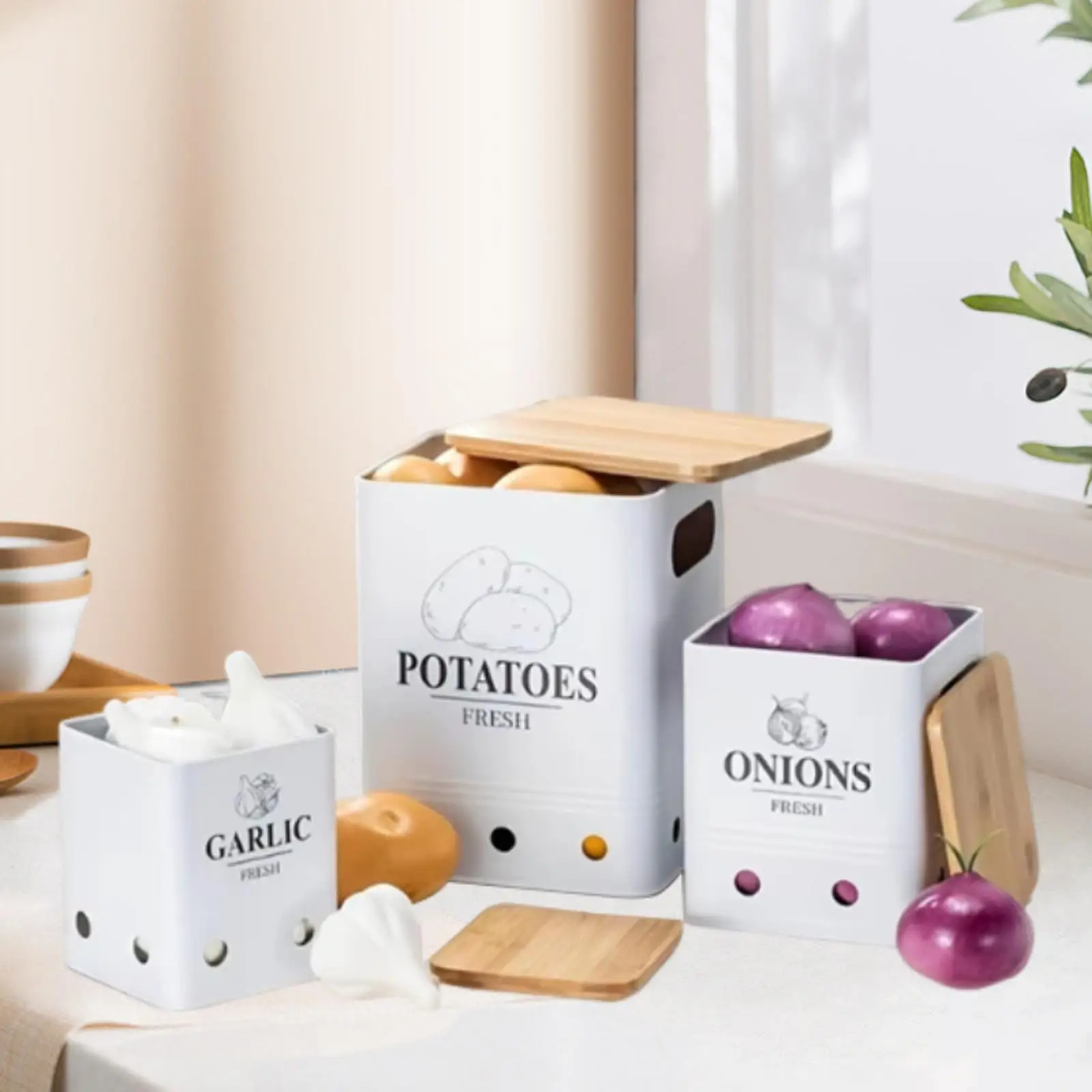 

Кухонная канистра из 3 предметов, чеснок, картофель, лук, хранитель с вентиляционными отверстиями, контейнеры для еды в деревенском стиле, овощные банки для кладовой