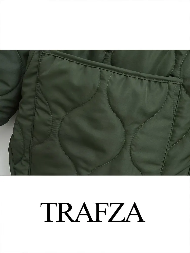 TRAFZA Women\'s Winter Warm Loose Cotton Clothing Retro Dark Green Zipper Decoration Elegant Women\'s Casual Pocket Rhombus Jacket