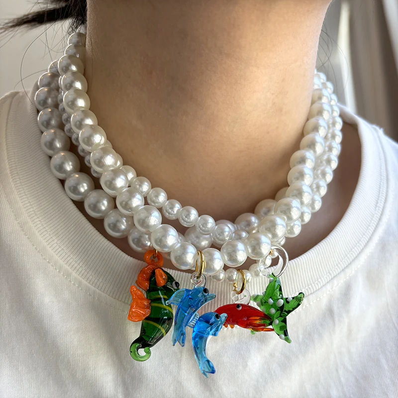 Fashion Seahorse Lobster Dolphin Pendant Women's Necklace Jewelry Accessories Handmade Imitation Pearl Beaded Necklace Gifts