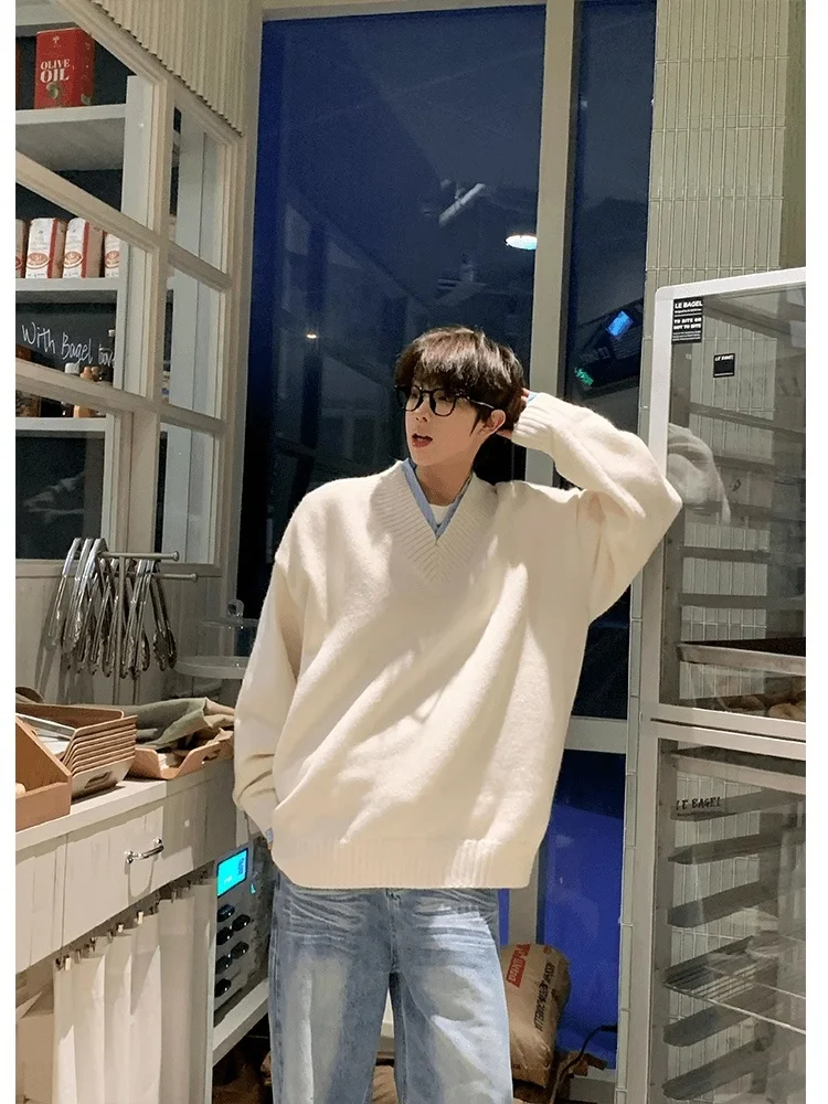 Maglione lavorato a maglia V-ne da uomo allentato Autunno Inverno Abbigliamento interno casual Strato base irt Coppia abbinata in fibra di poliestere Lunga Sve