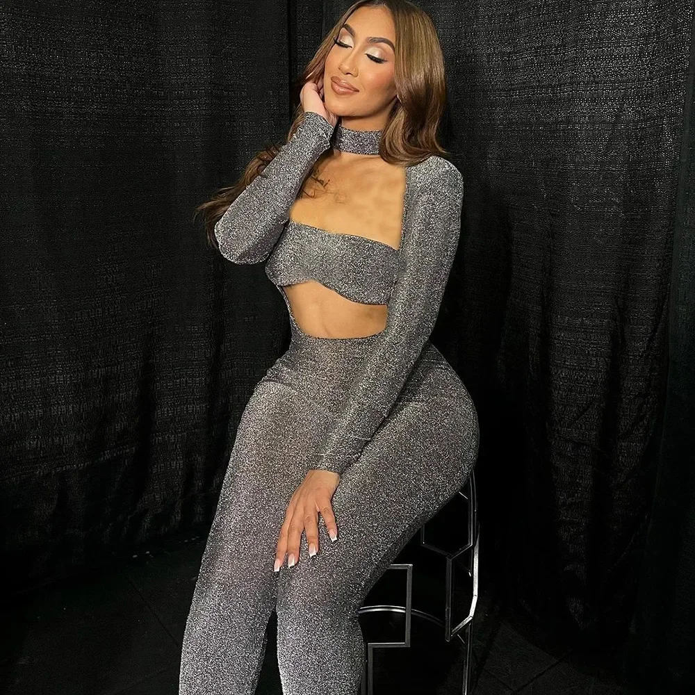 Silver Sequins Silk Skinny Jumpsuits with Tube Women Sexy Hollow Out Turtleneck Long Sleeve Peach Hips Slim Club Party Overalls