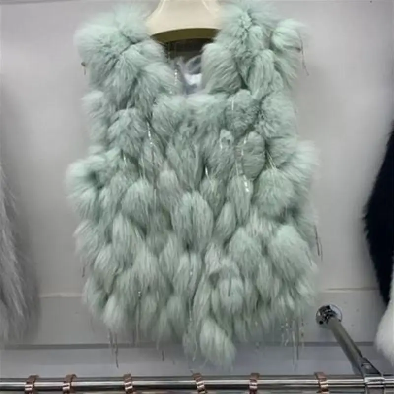 Women Winter Warm High Quality Luxury Fashion Sleeveless V Neck Short Fur Jacket Real Fox Fur Vest Female