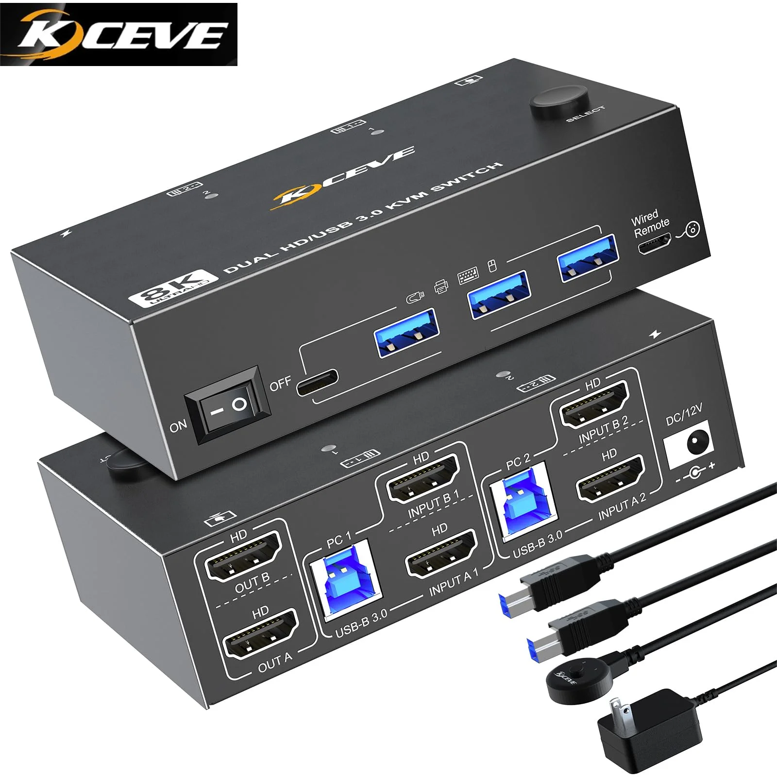 

KCEVE KVM Switch 8K 60Hz 2 HDMI-Compatible USB 3.0 Hub Splitter Docking Station Switch Selector Computers Share Keyboard Monitor