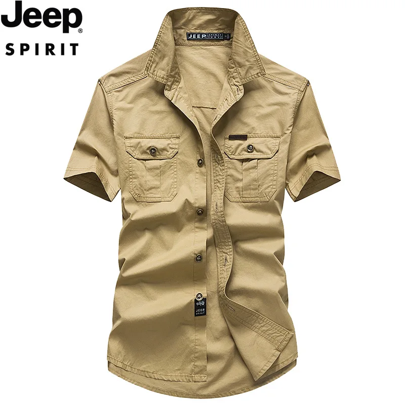 JEEP SPIRIT lente en zomer shirt met korte mouwen heren casual outdoor pocket katoenen ademende effen kleur slanke top met halve mouwen