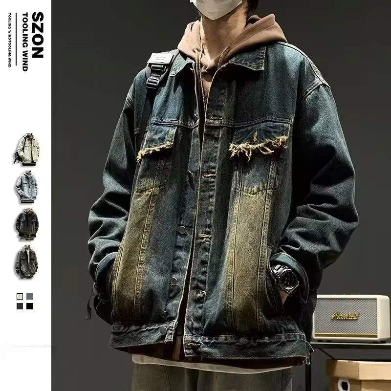 

Waed Denim Jaet Men's Spring Autumn New American High Street Trendy Vintage Loose Haome Jaet Polyester Fiber