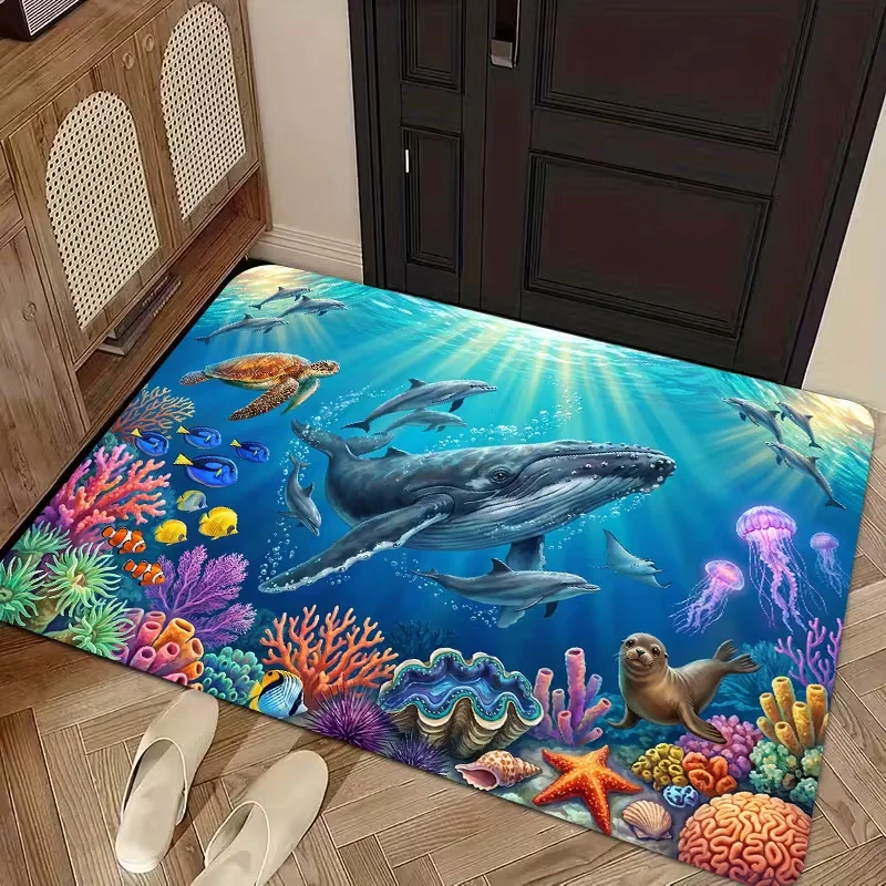 Marine‑Life Decorative Doormat Vibrant Glowing Jellyfish Swimming in Blue Ocean with Bubbles Pattern Rectangular Entrance Mat