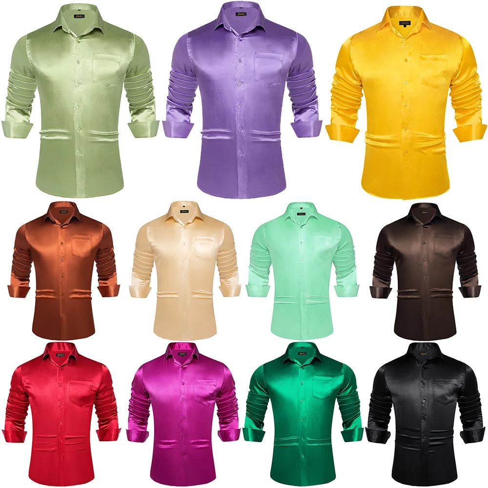 Solid Satin Shirts for Men Silk Sage Green Black Yellow Red Long Sleeve Men\'s Social Dress Shirts Wedding Prom Men Clothing