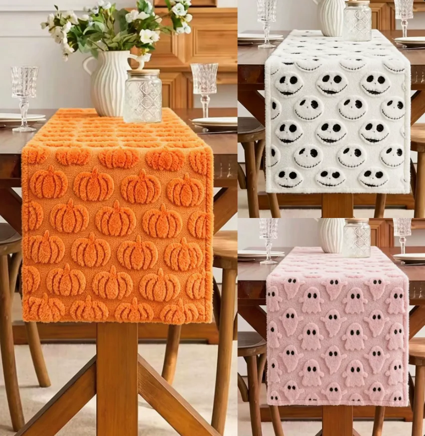 2026 New Halloween Plush Table Runner 3D Raised Lantern Pumpkin Table Scarf Fall Thanksgiving Dining Table Decor Party Tableclot