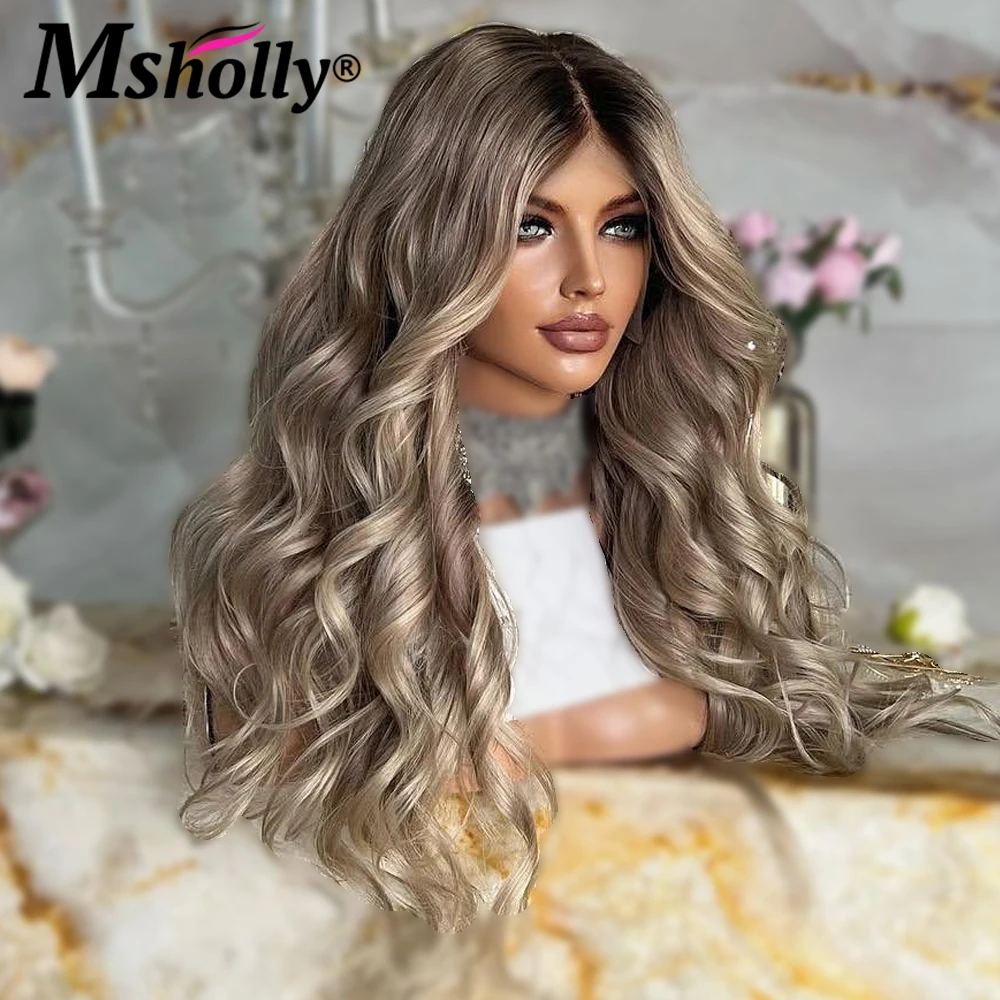 13X4 Lace Frontal Transparent Wig Ash Blonde Body Wave Lace Front Wig 180% Density Ombre Remy Human Hair Wigs Dark Roots Wigs