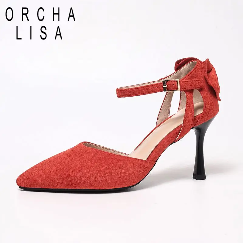

ORCHA LISA Hot Flock Suede Female Sandals Pointed Toe 8cm Stiletto Thick Heels Buckle Strap Butterfly Knot Big Size 44 45 Sexy