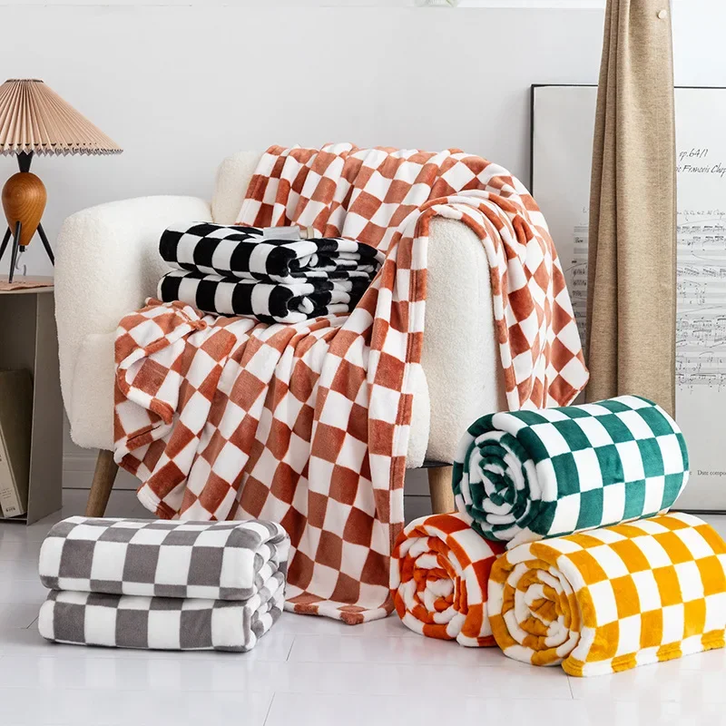 Retro Checkerboard Plaid Flannel Blanket Super Soft Warm Throw Blanket Office Sofa Cover Bedspread Gift Blankets