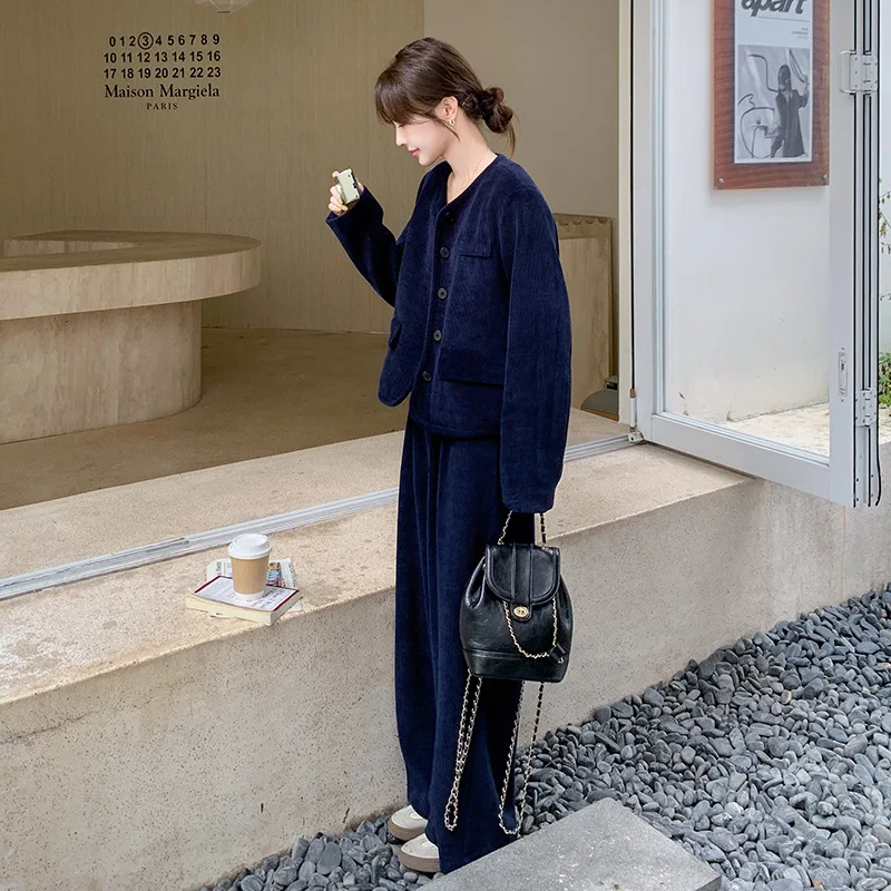 

Осень-зима 2021, новый однотонный комплект из двух предметов, женская вельветовая короткая стильная куртка с высокой талией, повседневные широкие брюки