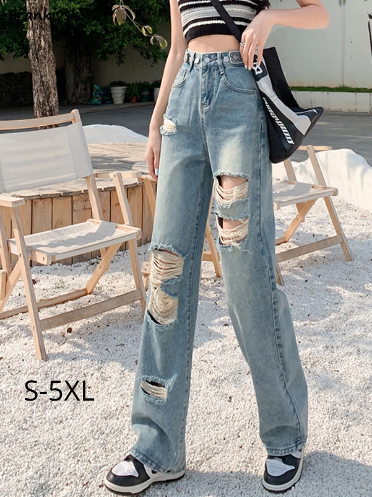 

Hole Jeans Women Summer Korean Style Pockets Hollow Out Ripped Vintage New Loose Denim Trousers Comfortable Leisure Trendy Chic