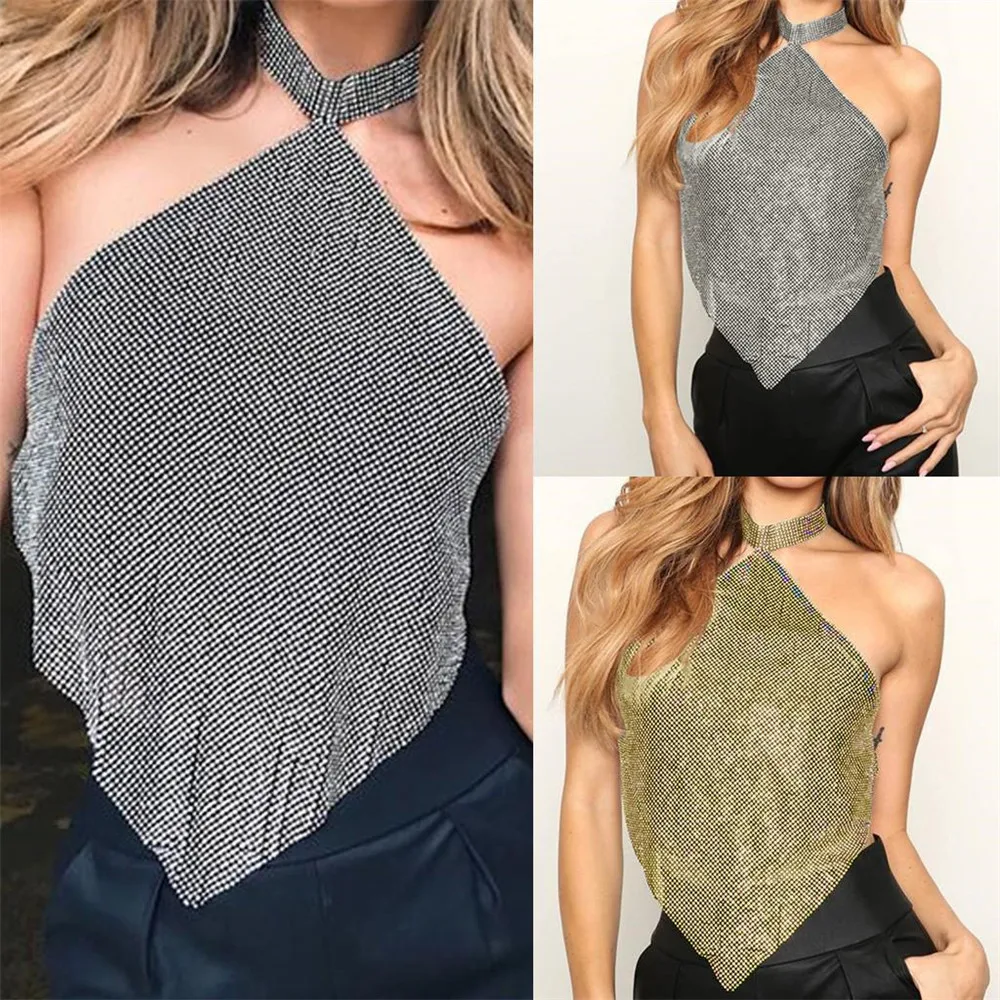 

Women Tanks Solid Short Camis Glitter Rhinestone Neck Mounted Backless Halter Collar Sleeveless Slim Streetwear Sexy 2026 Summer