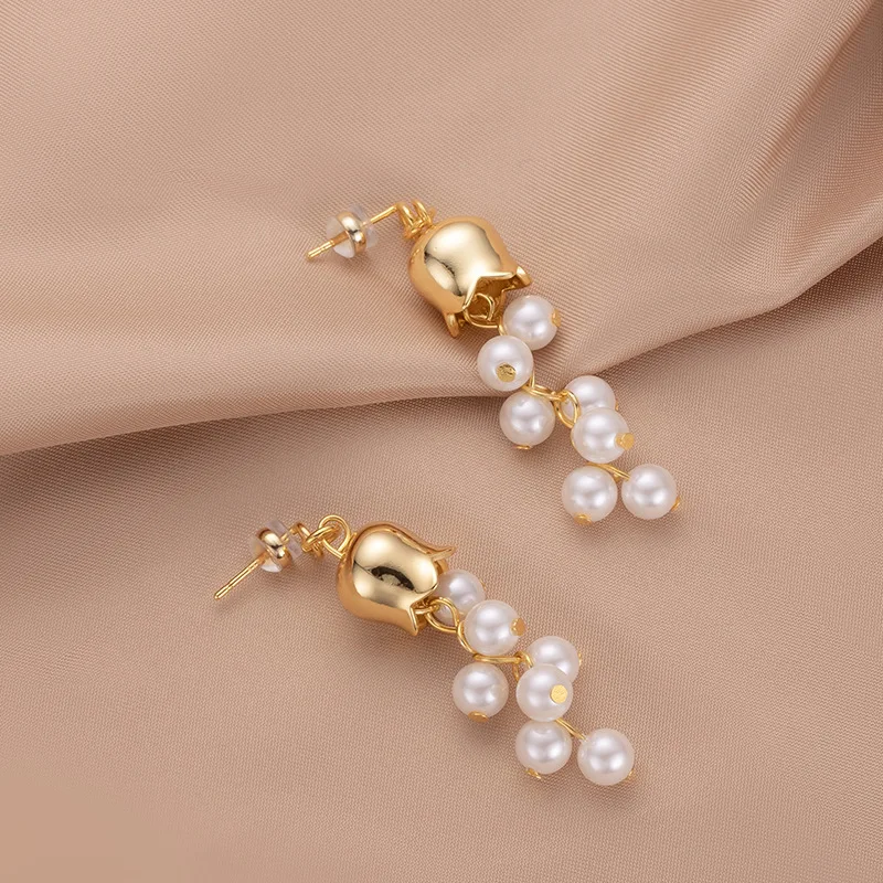 9999 24K Real Luxury 18k Gold Bell Orchid Pearl Earrings, Niche Personality, High-end Feeling Versatile Pearl Flowers Earrings