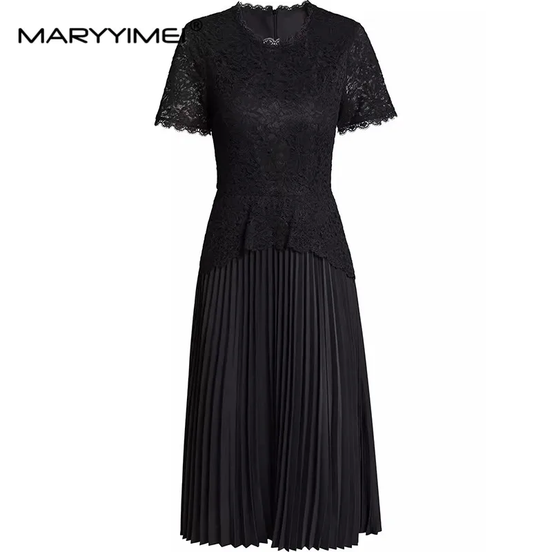 

MARYYIMEI Fashion Women's Dress Summer Short-Sleeved Lace Splicing Lace-Up Hollow Out Slim Pleated Dresses