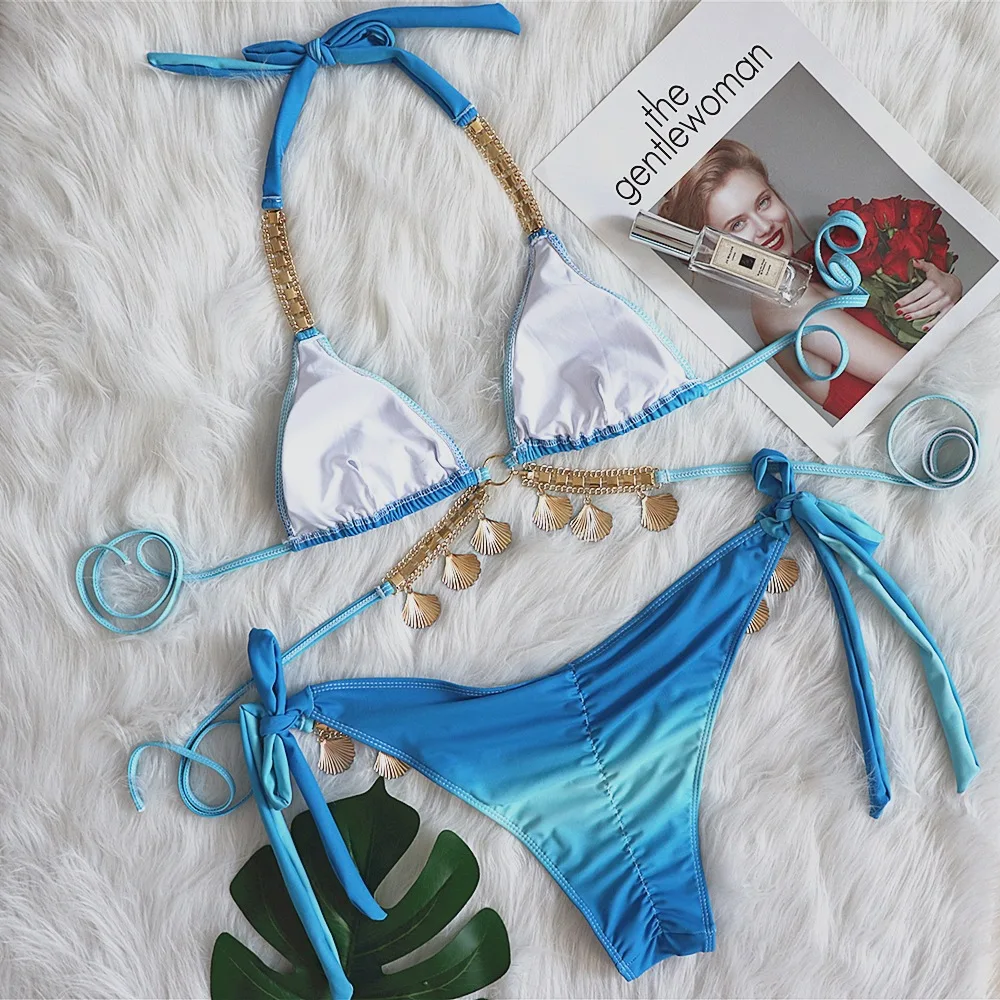 Bikini Set Blue gradient Gradient Swimwear High Waist Swimsuit String Halter Triangle Shell Crystal Chain Sexy Swimming Bikinis