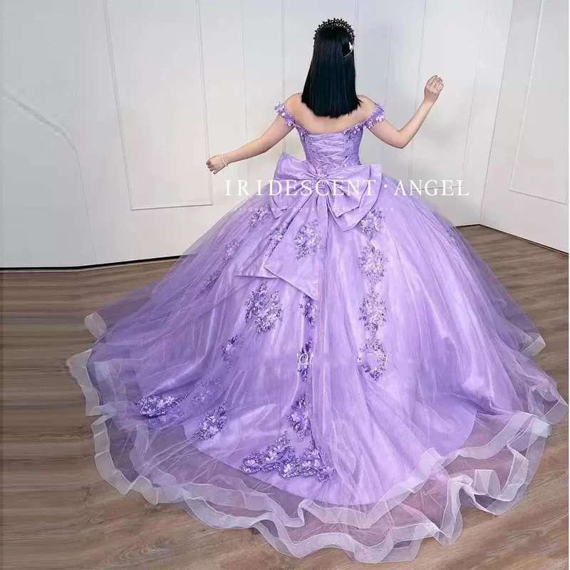 Gaun pesta bunga 3D busur besar Lilac warna-warni gaun Quinceanera applique Cinderella gaun putri 16 Vestidos De 15 Anos