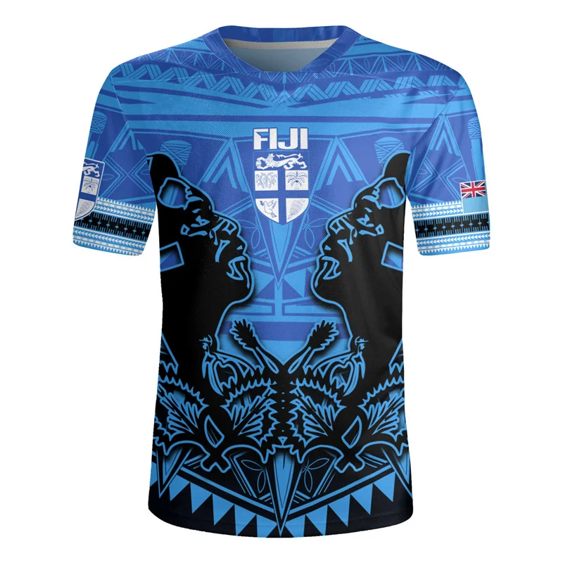 3D The Republic-of Fiji Flag Printing V Neck T Shirt Fiji Rugby-Jersey Emblem Graphic V neck T Shirts For Men Fashion Tee Shirts