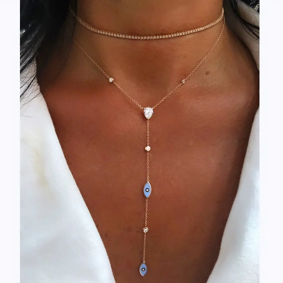 Geometric Evil Eye Pendant Necklaces for Women Enamel Cubic Zircon Rose Gold Color V Shape Neck Fashion Jewelry for Party Gift