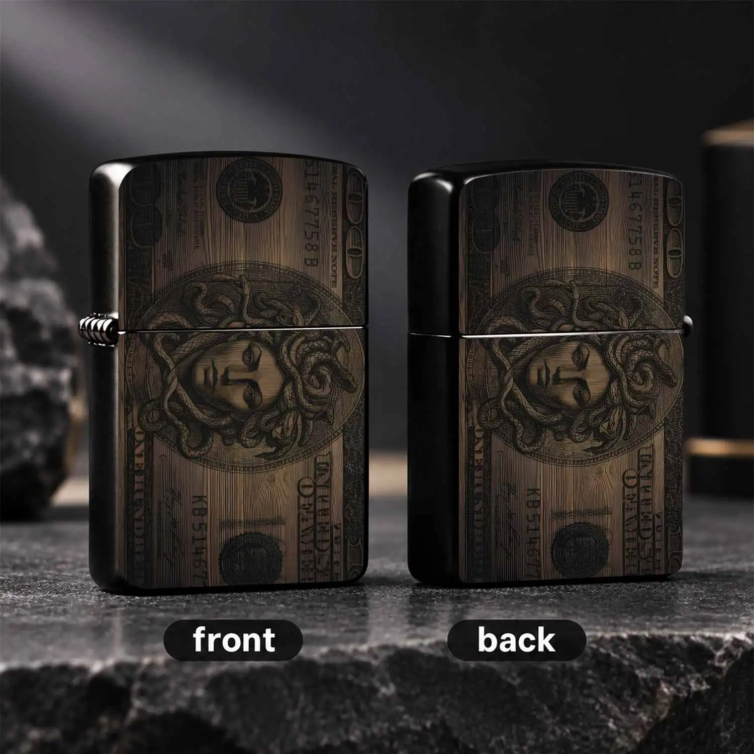Vintage Wood Grain 100 Dollar Bill Themed Lighter Etch Creative Windproof Lighter Collectible Trendy Accessory Gift for Men Boyfriend High Grade Present Daily PORTABLE Durable Ignition Tool Art Style Desktop Decor A fun and humorous light