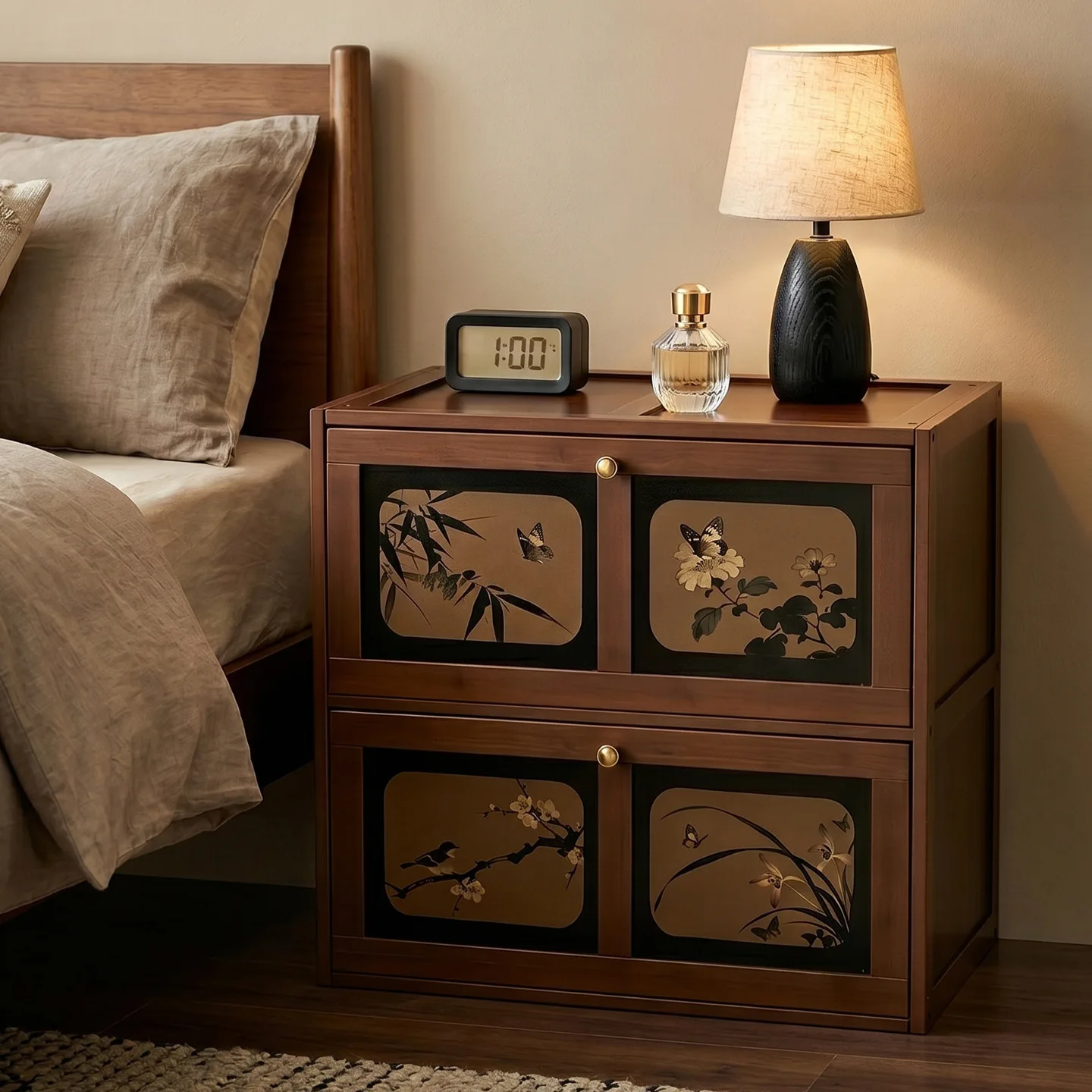 wood bedside table Antique card door cabinet Solid wood bedroom Home combination Living room Storage TV cabinet Bucket cabinet