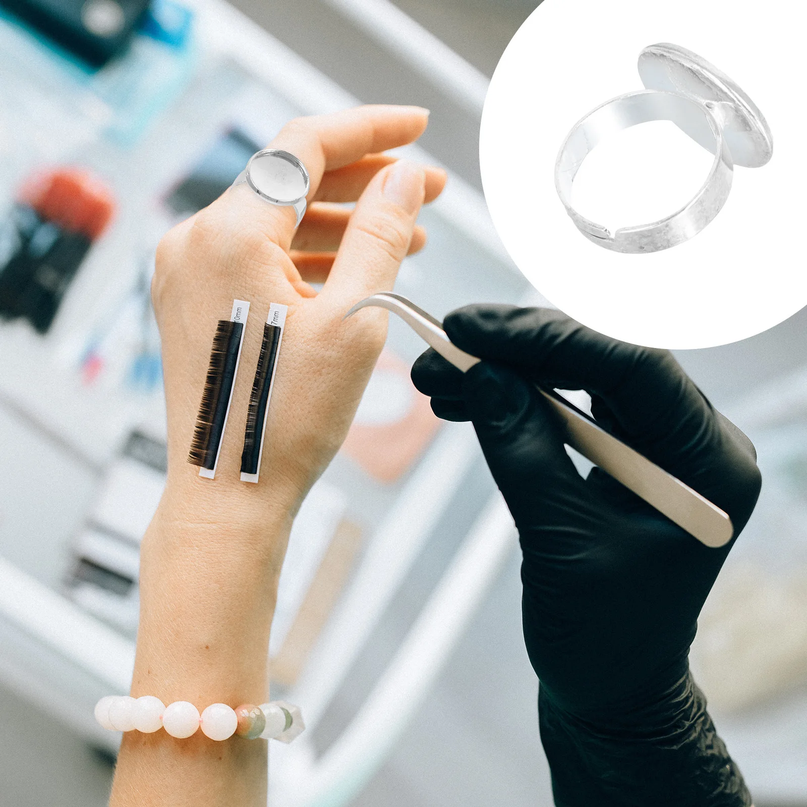 2개입 속눈썹 접착제 링 실버 도금 금속 홀더 전문 미용실 및 DIY 가정용 속눈썹 연장 도구