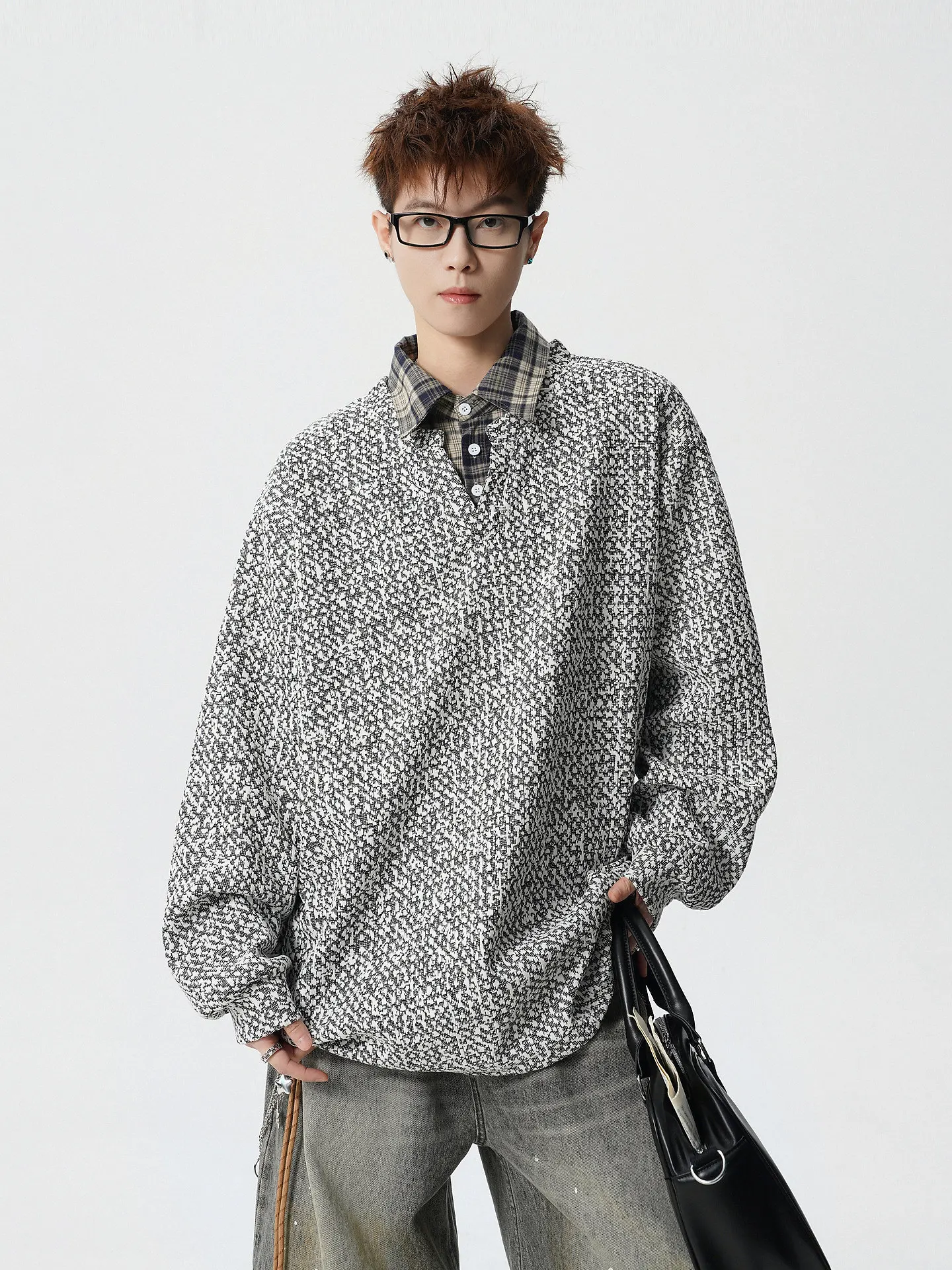 

Retro Plaid Contrasting Shirt Collar Long-sleeved T-shirt for Men and Women Loose and Versatile Top