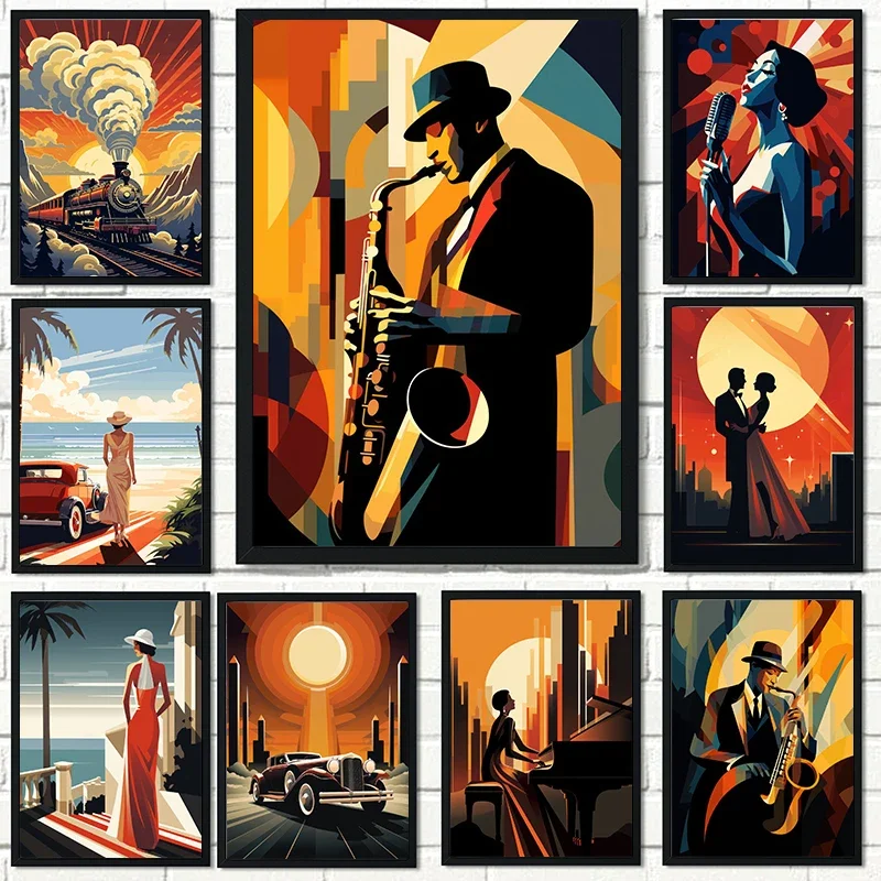 Abstract Jazz Musician Saxophone Trumpeter Singer Vintage Poster Canvas Painting Wall Art Pictures Home Cafe Bar Interior Decor
