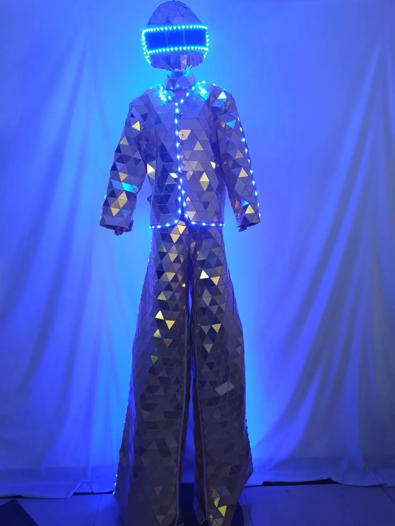 Silver Gold Mirror Show Suit Hand Sewn LED Stilts Walker Stage Performance Suit Dance Clothing for Party Nightclub