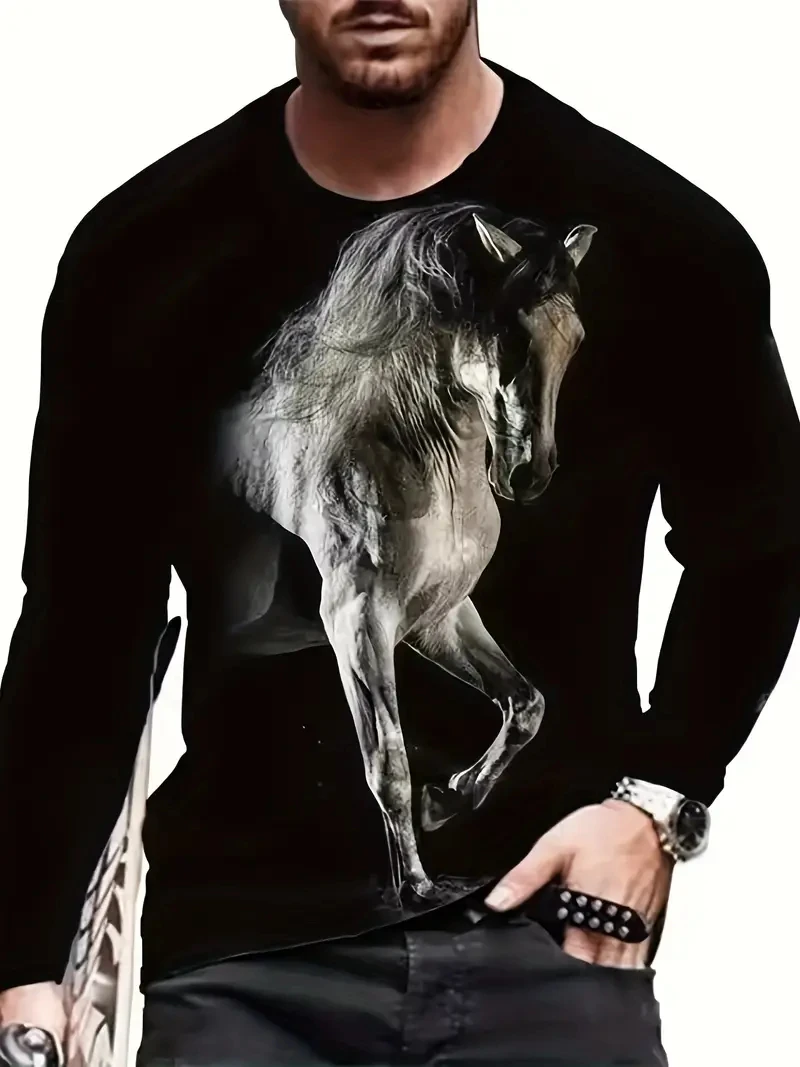 

3d Printing Animal Horse Men's Long Sleeve T-Shirt Fashion Street Trend O Collar Loose Spring Autumn Clothing Casual Quality Top