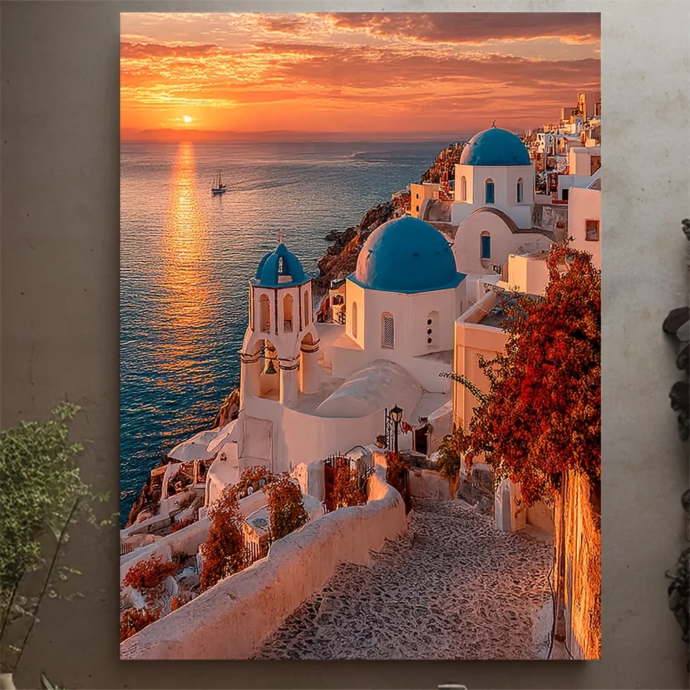 (No frame)2D Flat, 1pc Santorini Greece Wall Art Framed Canvas, Aegean Sea Greek Island Sunset Suitable for Cycladic Houses D