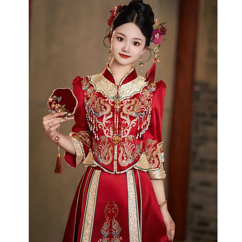 

Yourqipao Chinese Xiuhe Wedding Dresses Hanfu Top Skirt Wedding Gowns Traditional Toast Dresses Women Dragon and Phoenix Coat