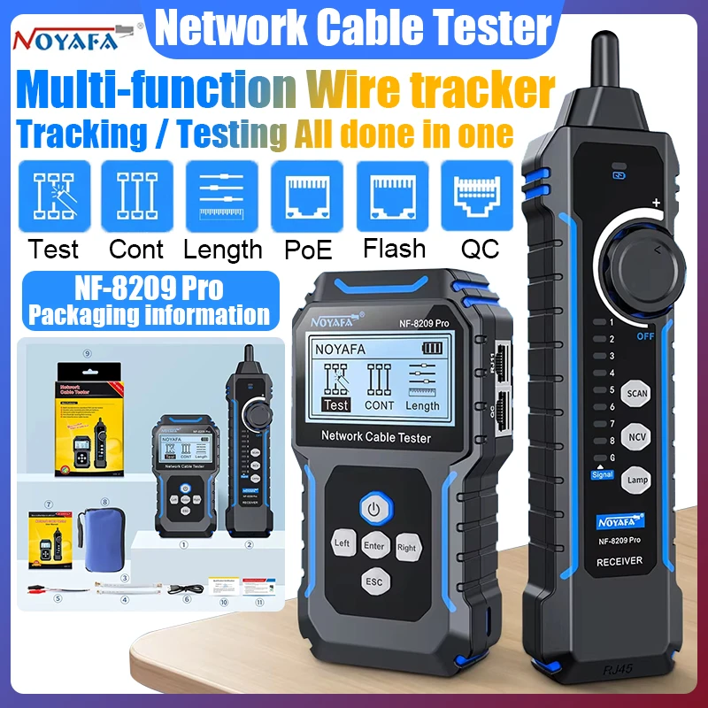 

NOYAFA NF-8209Pro Network Cable Tester Cable Tracker Cat5 Cat6 PoE Tester Detect Length Continuity Test with NCV & Lamp
