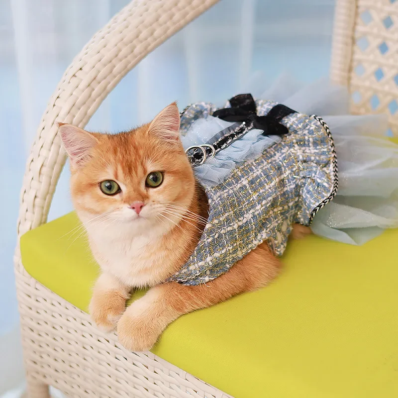 Pet Woolen Coat Autumn and Winter Mesh Splicing Puppy Clothes Autumn Cat Princess Dress Dog Bow Clothes Designer Dog Clothes